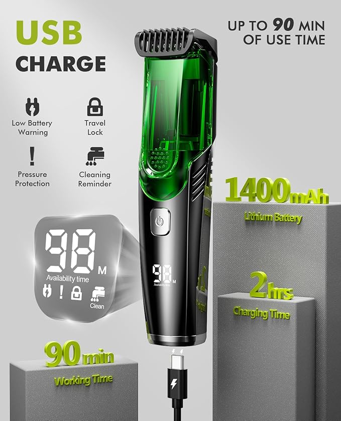 Beard Trimmer for Men: Vacuum Hair Trimmer for Less Mess - IPX7 Waterproof Wet Dry Shaving- Rechargeable Electric Beard Cutting Kit with Adjustable Length Comb - Gift for Men