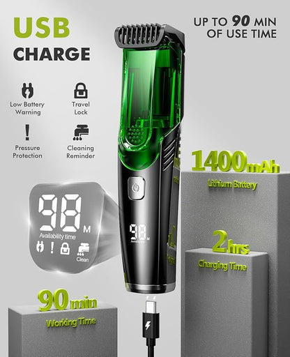 Beard Trimmer for Men: Vacuum Hair Trimmer for Less Mess - IPX7 Waterproof Wet Dry Shaving- Rechargeable Electric Beard Cutting Kit with Adjustable Length Comb - Gift for Men