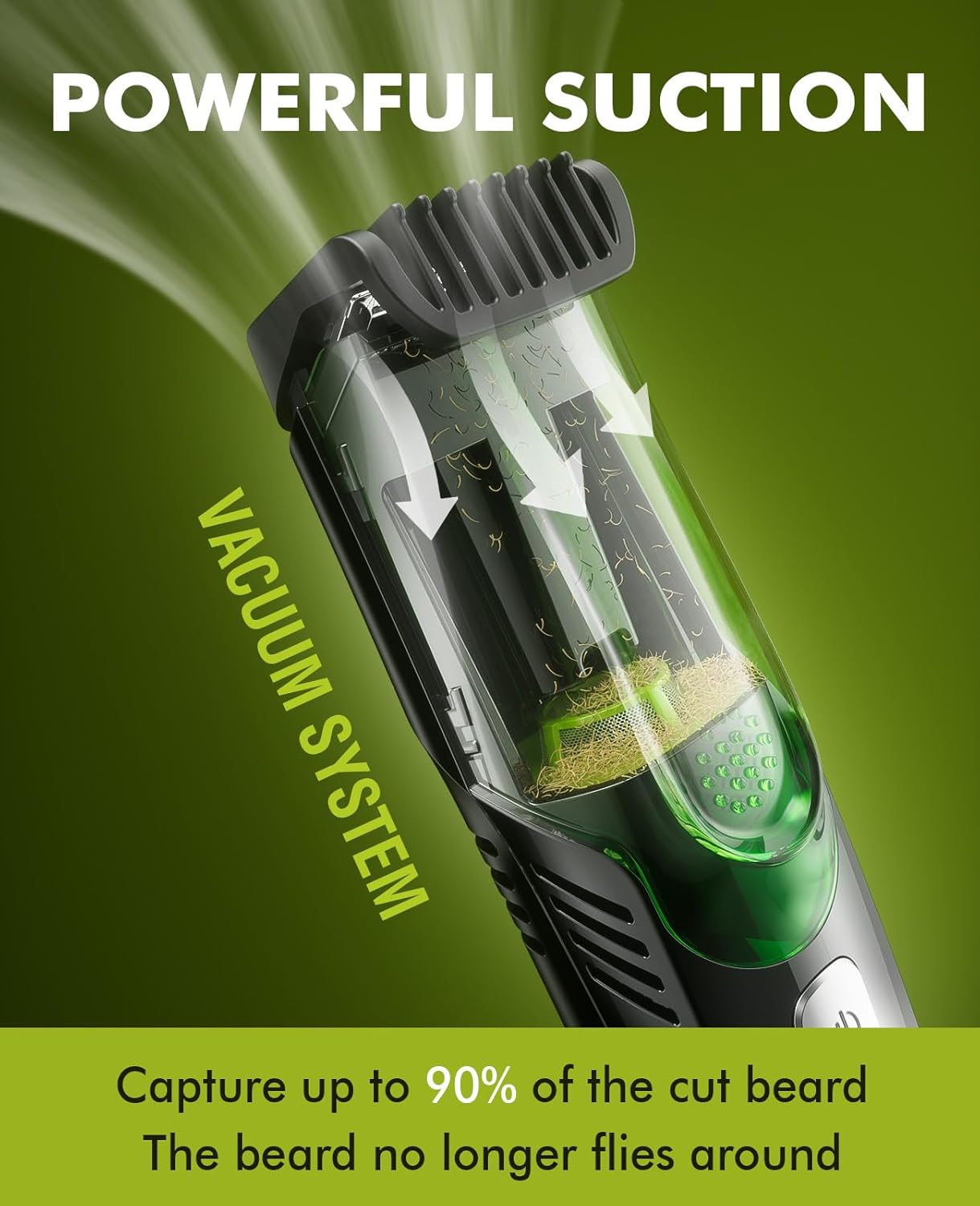 Beard Trimmer for Men: Vacuum Hair Trimmer for Less Mess - IPX7 Waterproof Wet Dry Shaving- Rechargeable Electric Beard Cutting Kit with Adjustable Length Comb - Gift for Men
